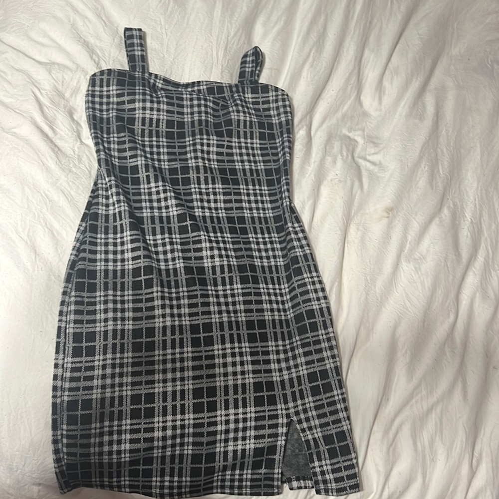 Black plaid dress with small slit on leg, worn once